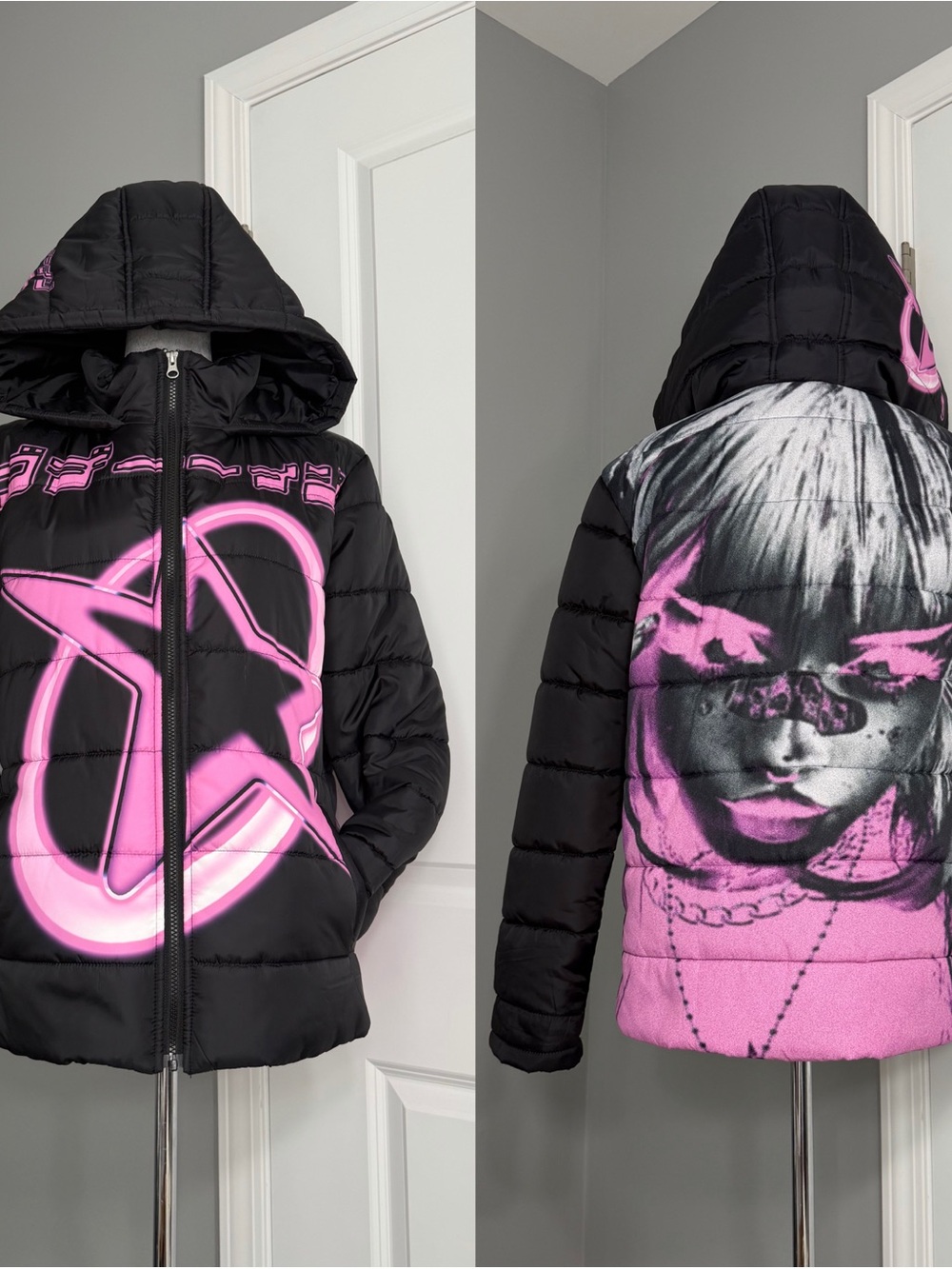 Shadow Banned Y2K Japanese Star Girl Neon Pink Zip Up Puffer Jacket (Unisex M)